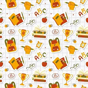 Alarm Clock Prints: Back to School. Seamless pattern with school-themed stickers - books