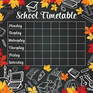 Copybook Prints: School timetable design of weekly lesson schedule on black chalkboard