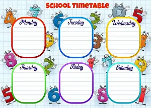 Checkered Prints: School timetable, weekly lessons schedule planner with cartoon numbers