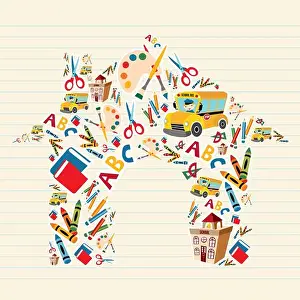 Back To School Prints: Back to school tools in house shape