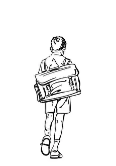 Schoolbag Prints: Schoolboy with awry large retro backpack walking away with his head down vector drawing