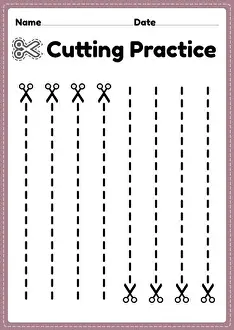 Scissors skills printable for for preschool and kindergarten kids for cutting the paper to improve motor skills, coordination and develop small muscle