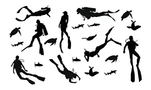 Hobbies Prints: Scuba diving silhouette vector illustration isolated on white background