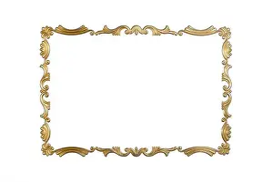 Gold Colored Prints: Sculpted golden frame isolated on white background, thin decorations, rectangular frame