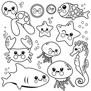 Outlined Prints: Sea animals swimming in the sea. Black and white coloring page