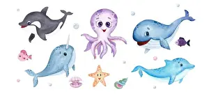 Sea animals watercolor set. Cute whale