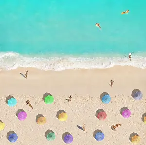 Mattress Prints: Sea beach resort from above colorful umbrellas swimming in water sunbathing people