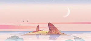 Crescent Prints: Sea beach and small island in water with rocks in morning