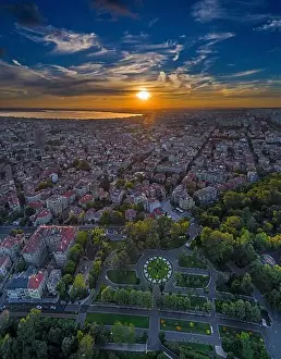 Sea Garden Prints: Sea garden at sunset, in the background, downtown Burgas, bulgaria