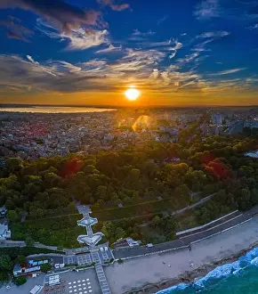 Sea Garden Prints: Sea garden at sunset, in the background, downtown Burgas, bulgaria