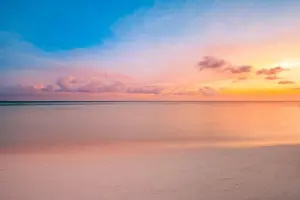 Sunset Beach Prints: Sea sand sky beach closeup. Panoramic island landscape