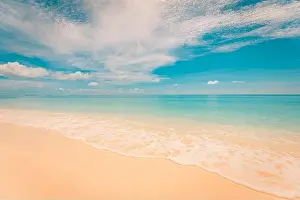 Sea sand sky concept. Tropical island paradise, beach view with endless sea horizon. Tranquil relaxing peaceful nature landscape, waves splashing surf