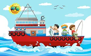 Boyhood Prints: Sea scene with children fishing from ship