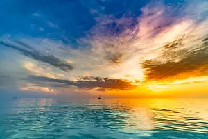 Sea sky clouds, horizon. Colorful seascape horizontal background banner. Inspirational calm sea with sunset sky. Meditation ocean and sky background