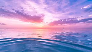 Sea sky clouds, horizon. Colorful seascape horizontal background banner. Inspirational calm sea with sunset sky. Meditation ocean and sky background