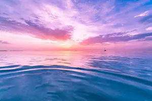 Sea sky clouds, horizon. Colorful seascape horizontal background banner. Inspirational calm sea with sunset sky. Meditation ocean and sky background