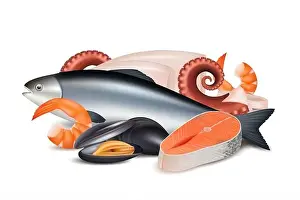Tuna Prints: Seafood. Composition of different fresh protein food fish octopus mollusk lobster vector realistic pictures