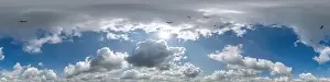 360 Degree Prints: seamless cloudy blue skydome 360 hdri panorama view with flock of birds in awesome clouds with zenith for use in 3d