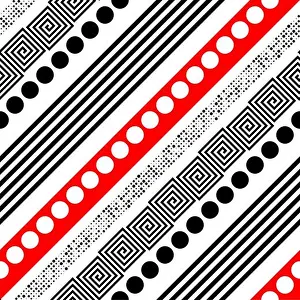 Regular Prints: Seamless Diagonal Stripe and Circle Pattern. Vector Black and Red Background