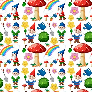 Imaginary Prints: Seamless gnome and garden icon with rainbow in cartoon style