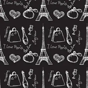 Perfume Prints: Seamless pattern background with Paris landmarks and France symbols illustration