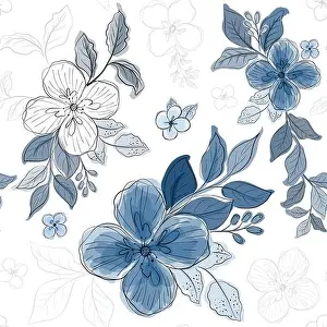 White Vector Vectors Prints: Seamless pattern with beautiful blue floral watercolor style on white background