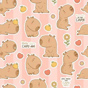 Wrap Prints: Seamless pattern. Cute Capybara cartoon kawaii character on striped pink background