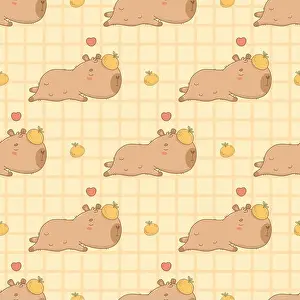 Sleepy Prints: Seamless pattern. Cute sleeping Capybara with tangerine on yellow checkered background
