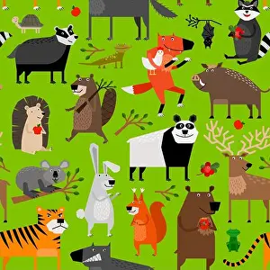 Lizard Prints: Seamless pattern with forest animals on green background