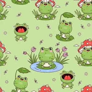 Cutie Prints: Seamless pattern with funny frogs on green background