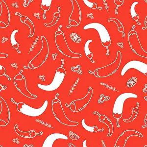 Latin American Prints: Seamless pattern with Mexican hot chili peppers on red background