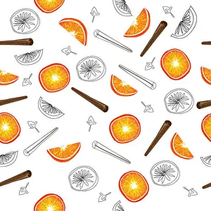 Orange Color Prints: seamless pattern of orange slices and spices