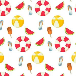 Ice Cream Prints: Seamless pattern. Summer cartoon ice cream, flip flops. lifeboy, ball. Vector