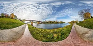 Equidistant Prints: full seamless spherical panorama 360 degrees angle view on bank of wide river in front of bridge in city center