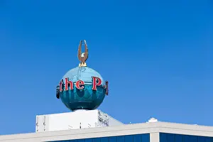Seattle Prints: Seattle landmark: a huge steel globe with the slogan It's in the P-I