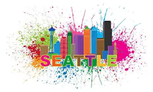 Condominiums Prints: Seattle Washington Downtown City Skyline Color Text Paint Splatter Abstract Isolated on White Background Illustration