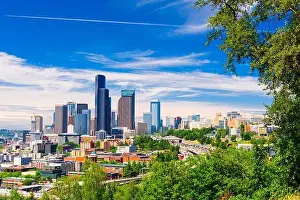 Seattle, Washington, USA downtown skyline and highways in the afternoon