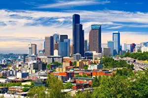 Seattle, Washington, USA downtown skyline and highways in the afternoon