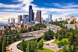 Seattle, Washington, USA downtown skyline and highways in the afternoon