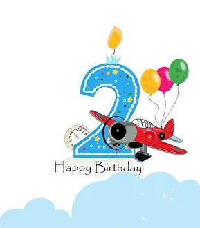 Second birthday greeting card. Air plane and balloon happy birthday boy greeting card
