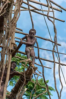 South Pacific Prints: Second boy land diver at end of platform, Pentecost Island, Vanuatu, South Pacific