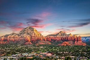 Images Dated 13th April 2018: Sedona, Arizona, USA downtown and Coffee Pot Mountain at dusk