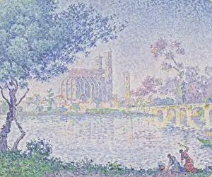 Impressionism Prints: The Seine at Mantes (1899-1900) by Paul Signac shows the peaceful view of the Seine River at Mantes