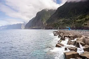 Vacation Village Prints: Seixal coastline with big cliffs and the Port with the Véu da Noiva waterfall in the background