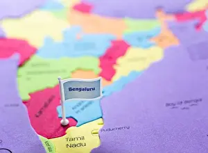 Physical Geography Prints: Selective focus on Bengaluru - the capital city of Karnataka on an Indian map
