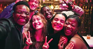 Peace Sign Prints: Selfie, peace sign and party with friends at night club for social media