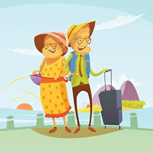 Pastimes Prints: Senior couple traveling background with suitcase and sights cartoon vector illustration