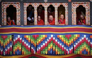 Bald Prints: Senior Monks In Window At Tashi Chodzong During Buddhist Thimpu Festival