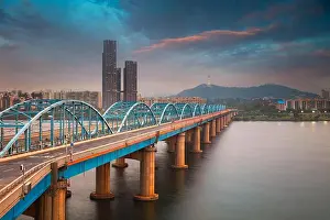 Seoul. Image of Seoul, South Korea with Dongjak Bridge and Hangang river at sunset