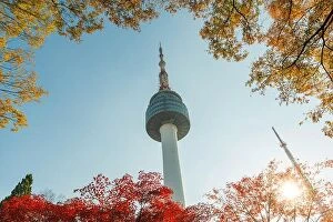 Images Dated 5th November 2017: Seoul Tower with yellow and red autumn maple leaves at Namsan mountain in South Korea